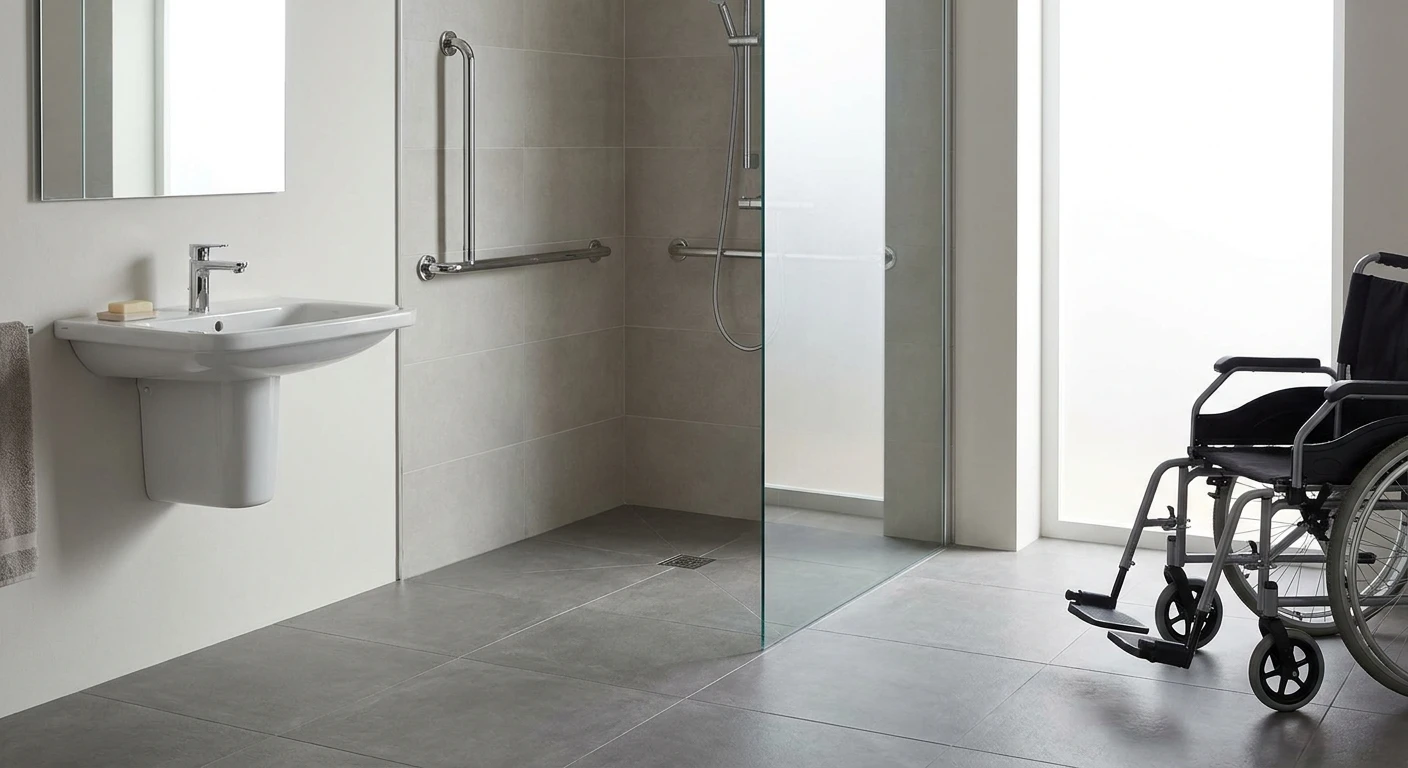 Salle de bain moderne minimaliste avec douche à l'italienne, WC suspendu, vasque blanche murale et baignoire