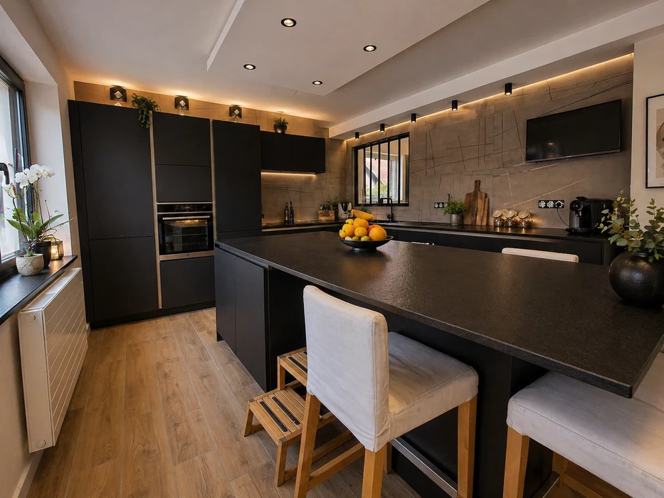 Cuisine moderne ouverte avec îlot central en granit noir mat, armoires laquées noires sans poignées, plan de travail noir