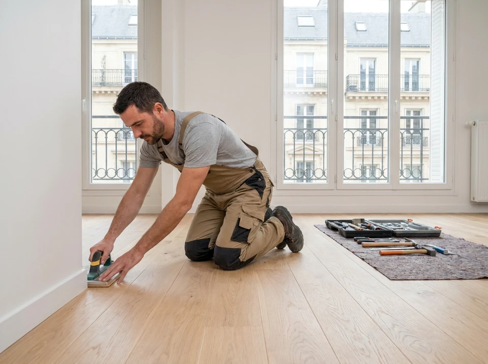 Ouvrier en tenue de travail professionnelle, agenouillé dans un intérieur résidentiel, effectuant la pose d'un parquet ou revêtement de sol stratifié avec soin. L'image montre les détails du travail de finition : vérification de l'alignement, application de finitions aux plinthes, dans un cadre d'intérieur moderne. L'arrière-plan montre des murs et un mobilier d'intérieur urbain, confirmant le contexte de rénovation intérieure d'un logement.