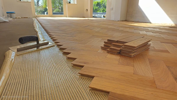 Travailleur professionnel Installant du parquet stratifié ou en bois sur le sol, homme tenant un carrelage en bois à la lumière du soleil