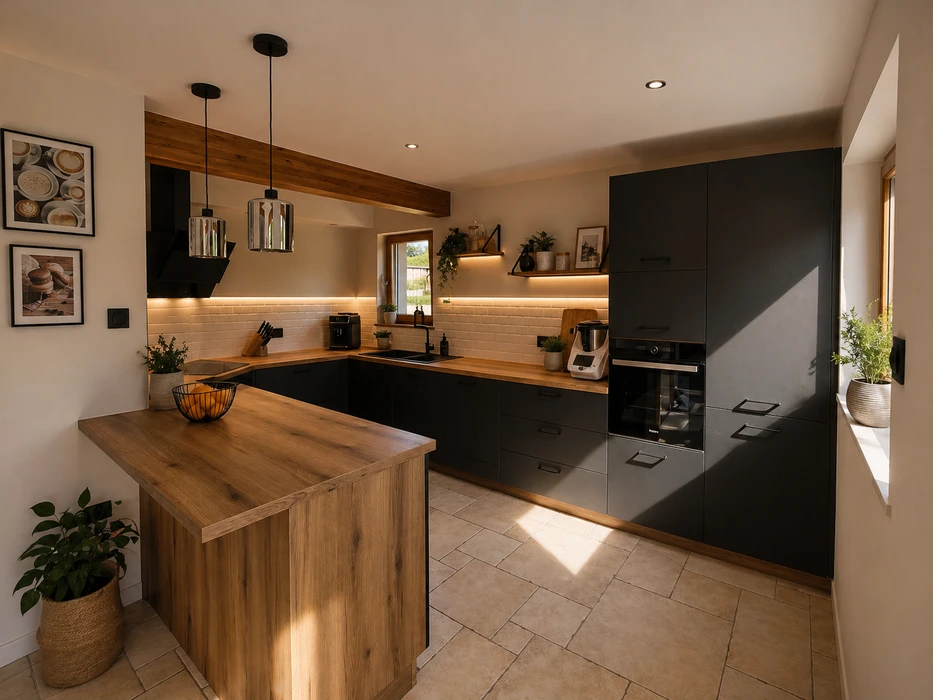 Cuisine ouverte contemporaine intégrée à une salle à manger