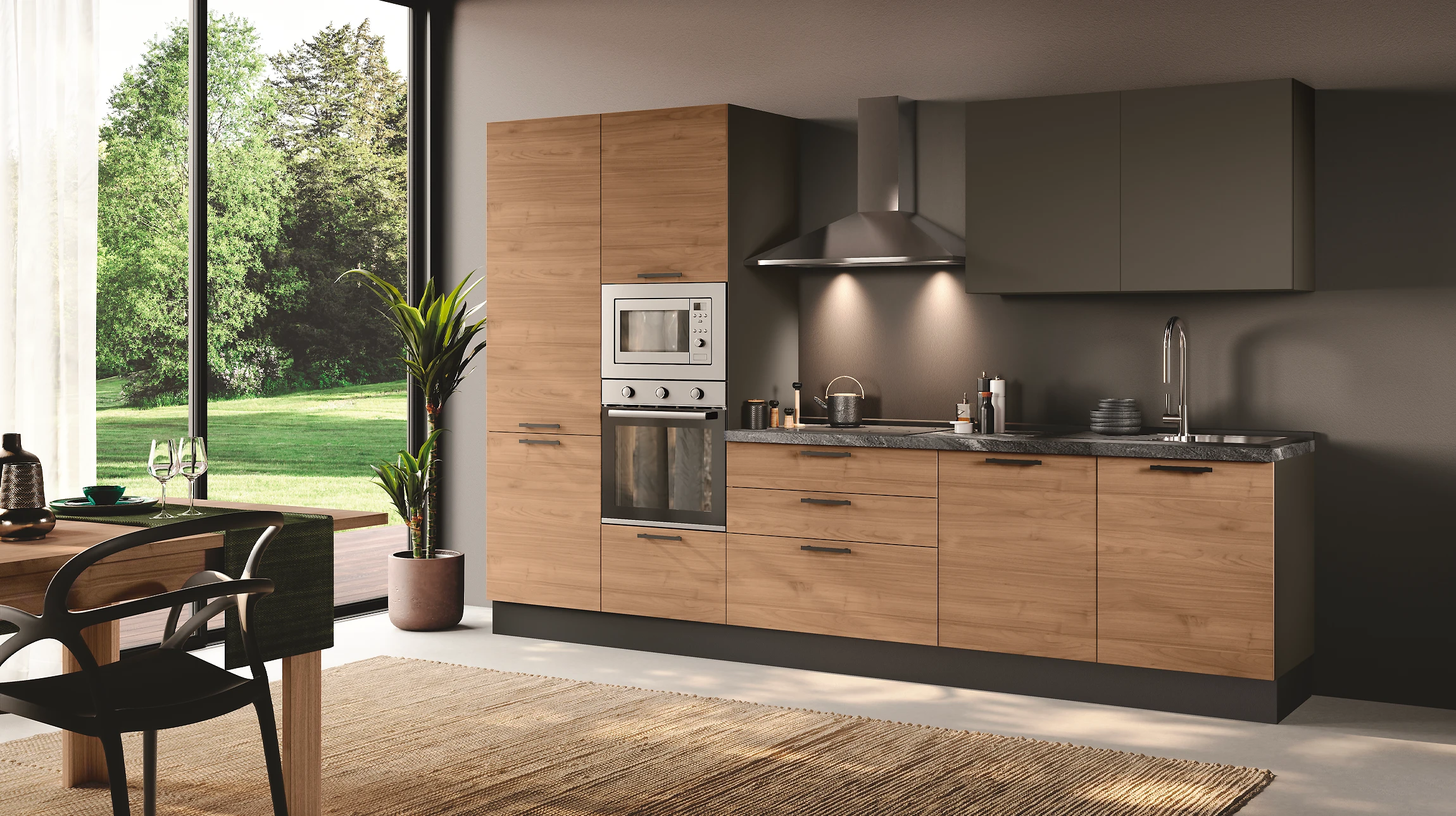 Photographie professionnelle d'une cuisine moderne de luxe, complètement aménagée et fonctionnelle, montrant des façades de qualité premium en finitions épurées (bois naturel ou laqué contemporain), un îlot central avec plan de travail en matériau haut de gamme, électroménager intégré, éclairage chaleureux et discret, et un espace ouvert connecté à un salon lumineux avec grandes fenêtres. La scène capture l'harmonie et la cohérence du design d'intérieur sur mesure, illustrant le savoir-faire en aménagement global.