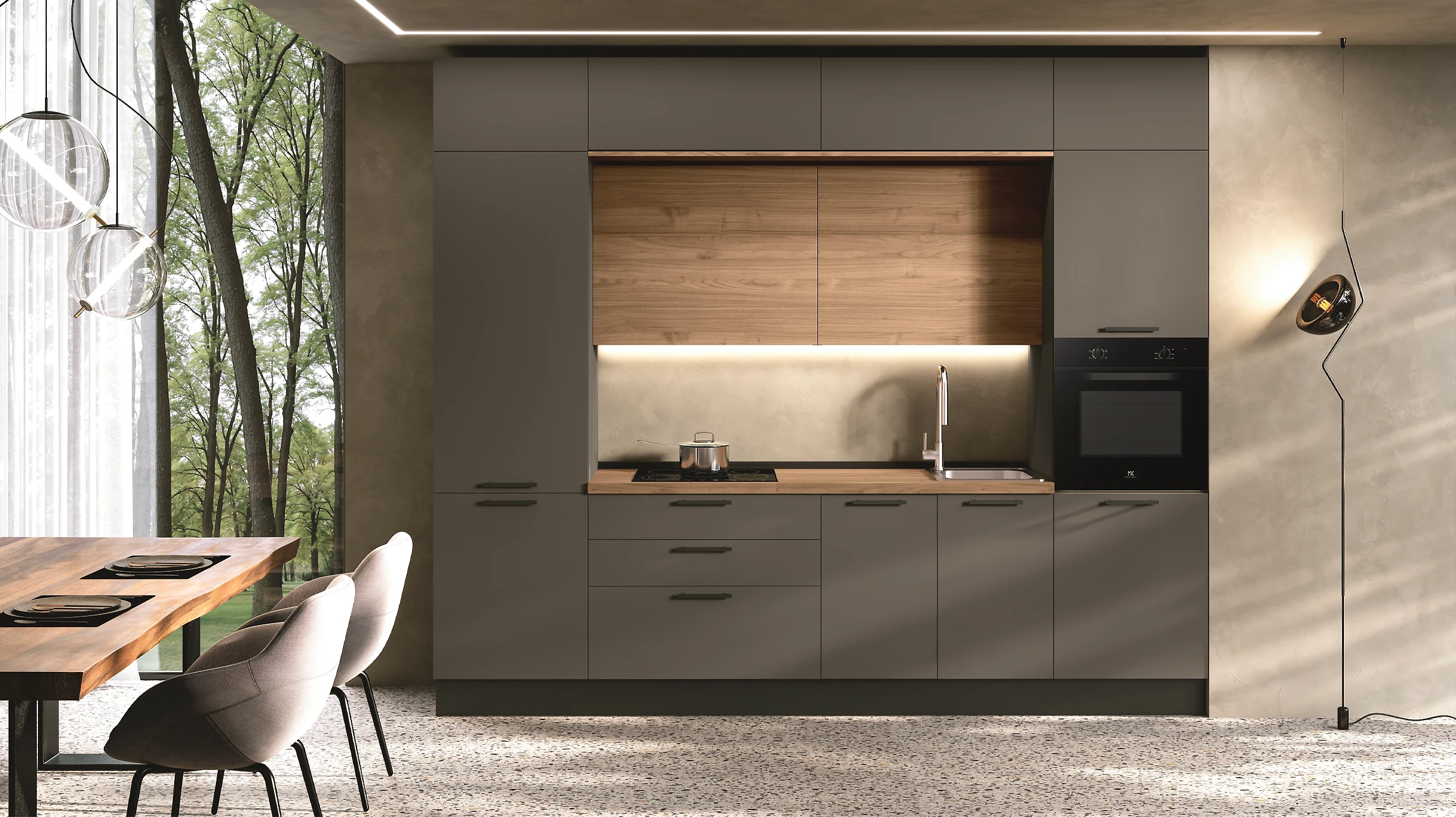 Cuisine moderne avec salle à manger intégrée dans un intérieur résidentiel contemporain