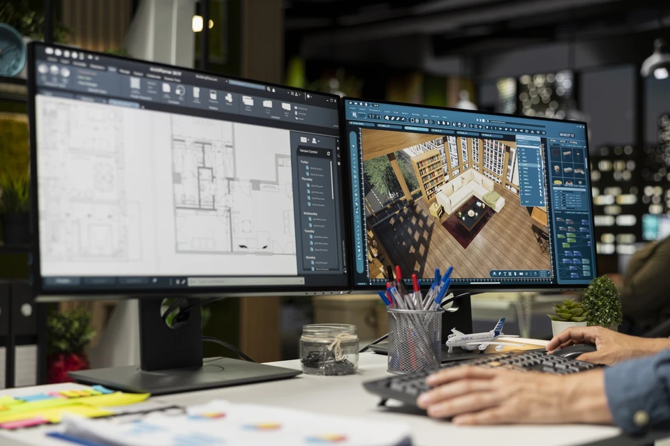 Une main tient une maquette architecturale 3D d'un bureau moderne avec cloisons vitrées et mobilier contemporain